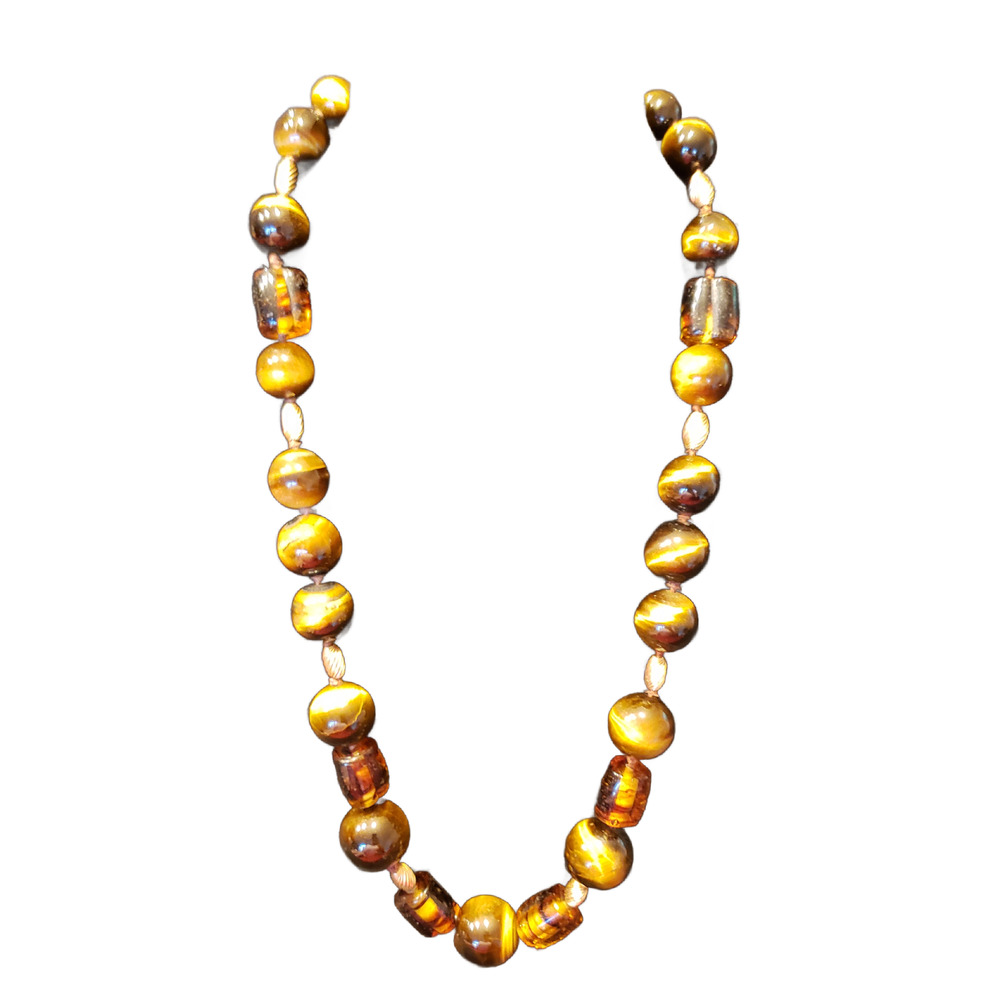 Tiger Eye Elegance: Single Strand Necklace with Gold-Toned Accents